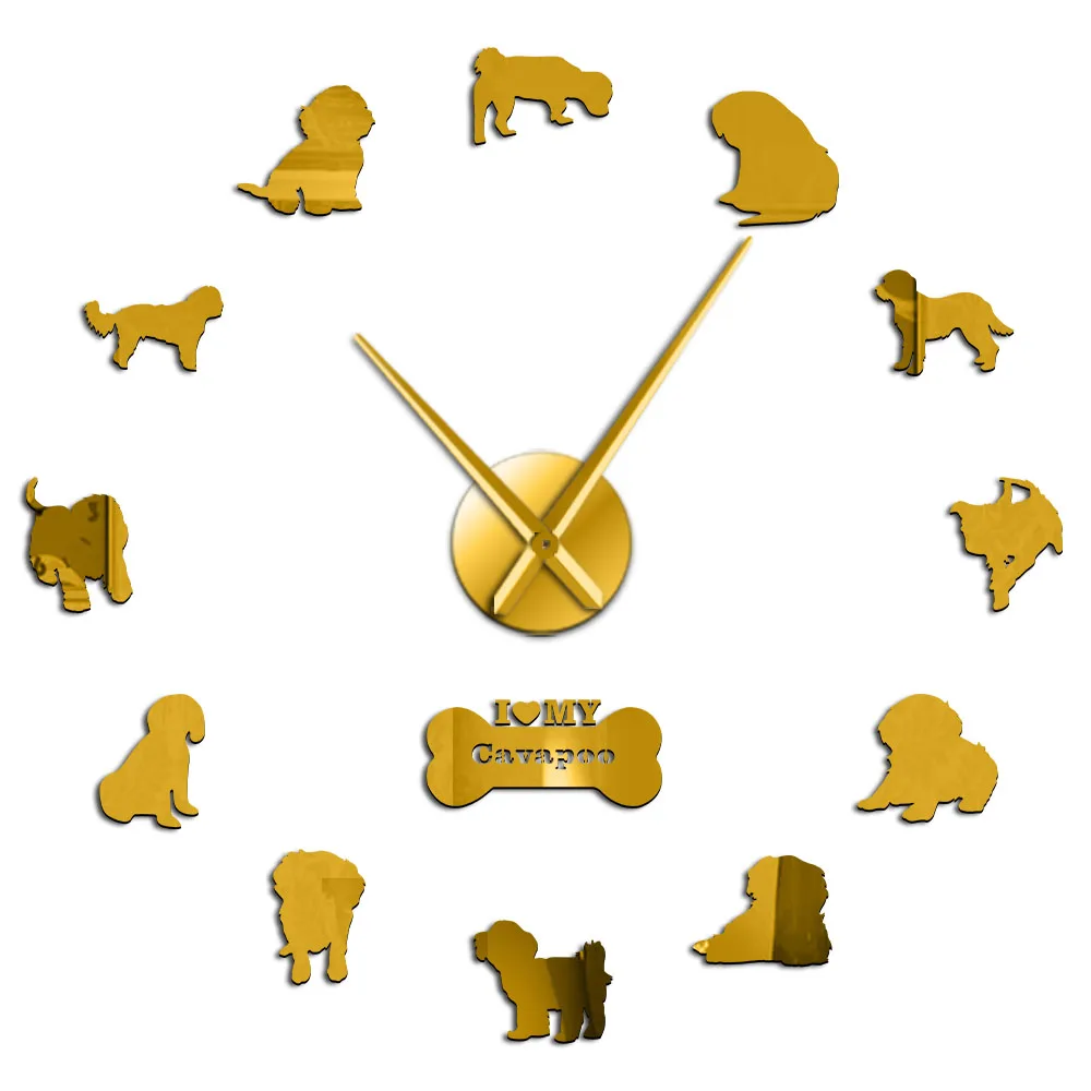 Cava-Doodle кавапу собака порода настенные часы Pet Shop Декор на стену зеркало эффект собака Силуэт Postures настенные часы кавапу собака подарок - Цвет: Gold