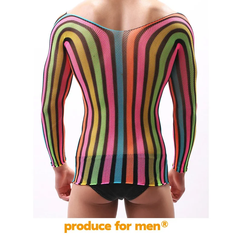 Sexy Male's Deep V Low Cut Bodystocking lingerie Top Man Cross Dressing Sexy Fetish Hot Shirt Passionate Rainbow Costume Sleeve