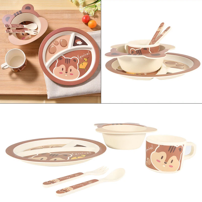 5Pcs Cartoon Bamboo Tableware Animal Baby Feeding Food Bowl Infant Kids Plate Eco-friendly Cute Children Baby Eating Food Bowl