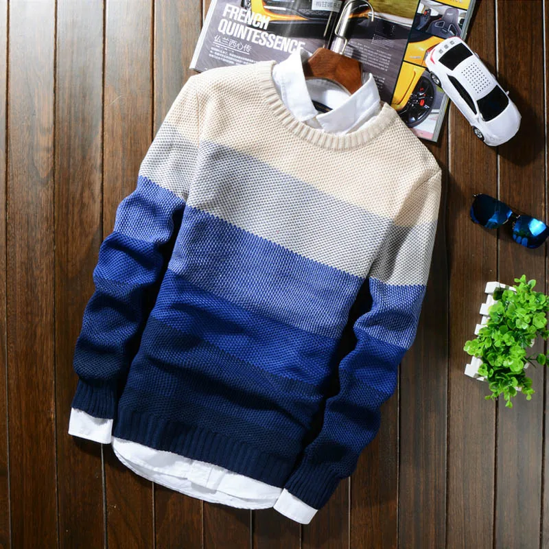 Осенне-зимняя одежда из шерсти полосатый свитер Для мужчин бренда Повседневное синий мужской свитер О-образным вырезом Slim Fit Вязание мужские свитера пуловеры 50 - Цвет: Blue