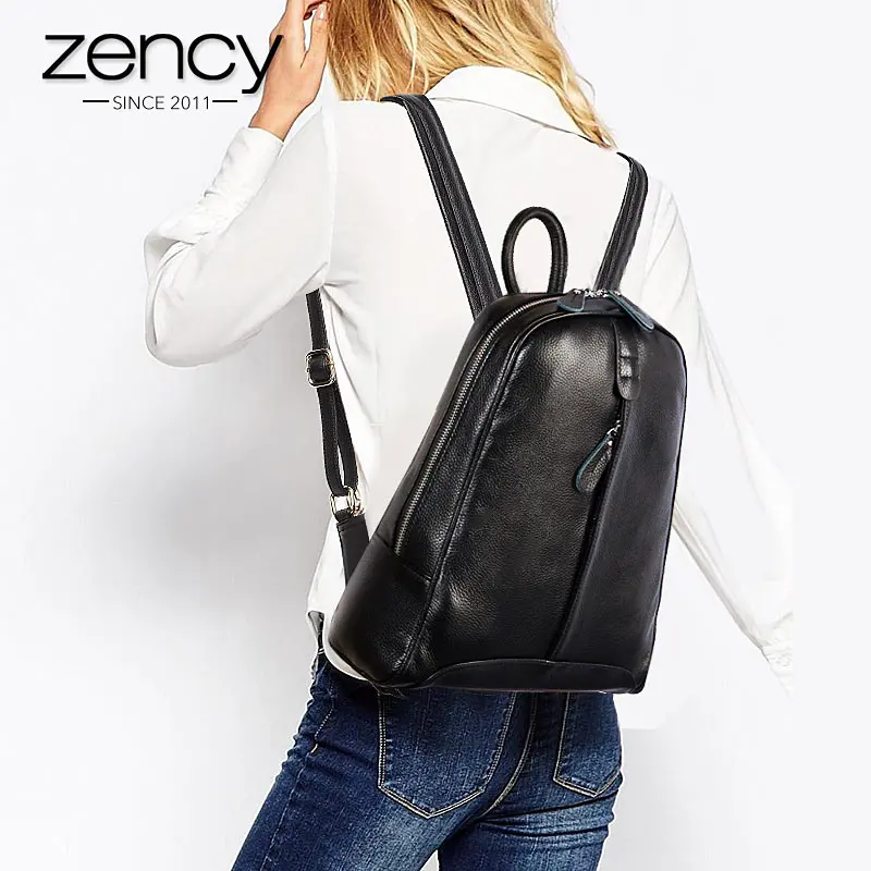 Zency 100% جلد طبيعي أزياء النساء على ظهره عارضة السفر حقيبة Preppy نمط الفتاة المدرسية الدفتري المحمول الحقيبة