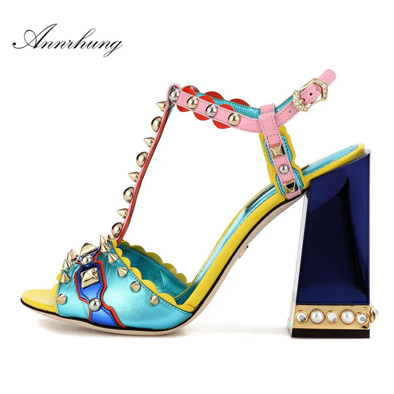 

Mixed Color Spiked Rivets High Heel Sandals Women Sexy Peep Toe Pearl Decor Chunky Heels 2019 T-strap Summer Sandalias De Mujer