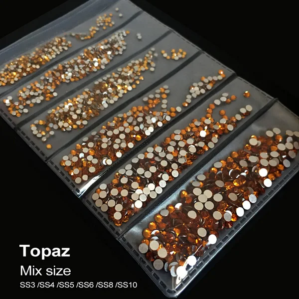 Topaz Супер блестящий. Кристалл AB SS3 SS4 SS5 SS6 SS8 SS10 разных размеров в упаковке, Стразы для ногтей, стразы для 3D дизайна ногтей - Цвет: Topaz