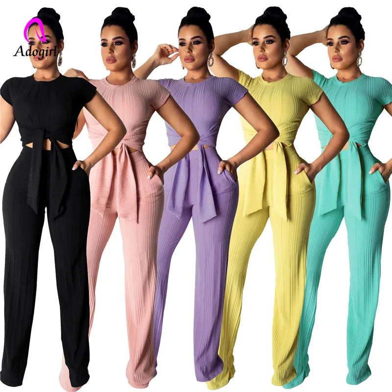 

Adogirl short sleeve waist hollow out draw string lady two pieces set solid navel exposed casual female suit high elastic outfit