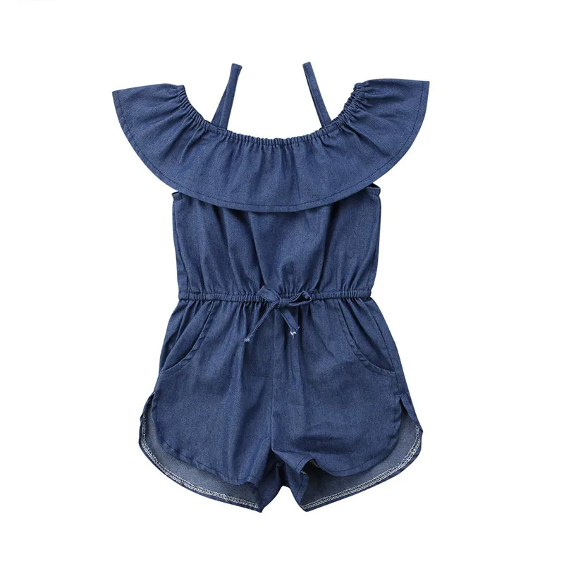 

Fashion Baby Kids Shorts Girls Blue Denim Off Shoulder Short Jumpsuit Summer Kids Clothes Short Bib Pants Playsuit