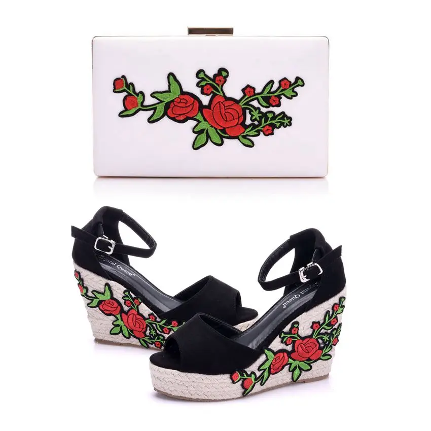 Кристалл queen женские босоножки Обувь в богемном стиле сандалии удобные сладкий обувь на танкетке для девочек с сумки в комплекте, Размер 38–43 с сумочкой - Цвет: black