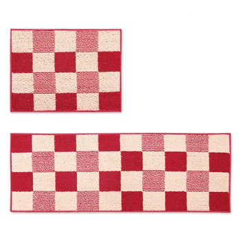 

2 Pcs Set Red/Green/Blue/Brown Grid/Ladder/Cross Stripe Kitchen Rug Bedside Pad Absorbent Oil Resistant Antiskid Carpet Doormat