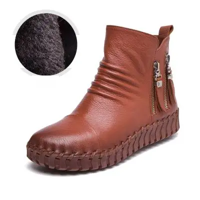 MVVJKE/полусапожки из натуральной кожи; бархатная зимняя женская обувь; прошитая вручную обувь без застежки на мягкой подошве; обувь для беременных на плоской подошве - Цвет: Brown with fur