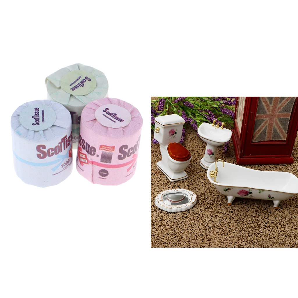 Ceramic Bathroom Floral Toilet, Bathtub Set with Toilet Paper Dollhouse Miniature for 1/12