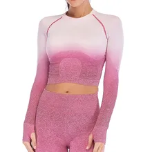 Омбре Йога рубашки с длинным рукавом фитнес кроп топ большой палец отверстие женские дышащие Бесшовные Йога Топ Спорт Femme тренажерный зал Camisas Mujer A25