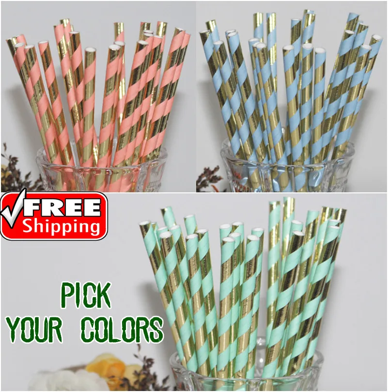 Free Dhl 1000pcs Vintage Paper Straws Bulkpick Colorsnew Metallic Gold And Mint Light Blue