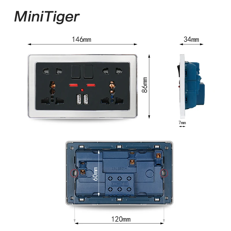 Двойная универсальная настенная розетка Minitiger с 5 отверстиями неоновый 2 1 А