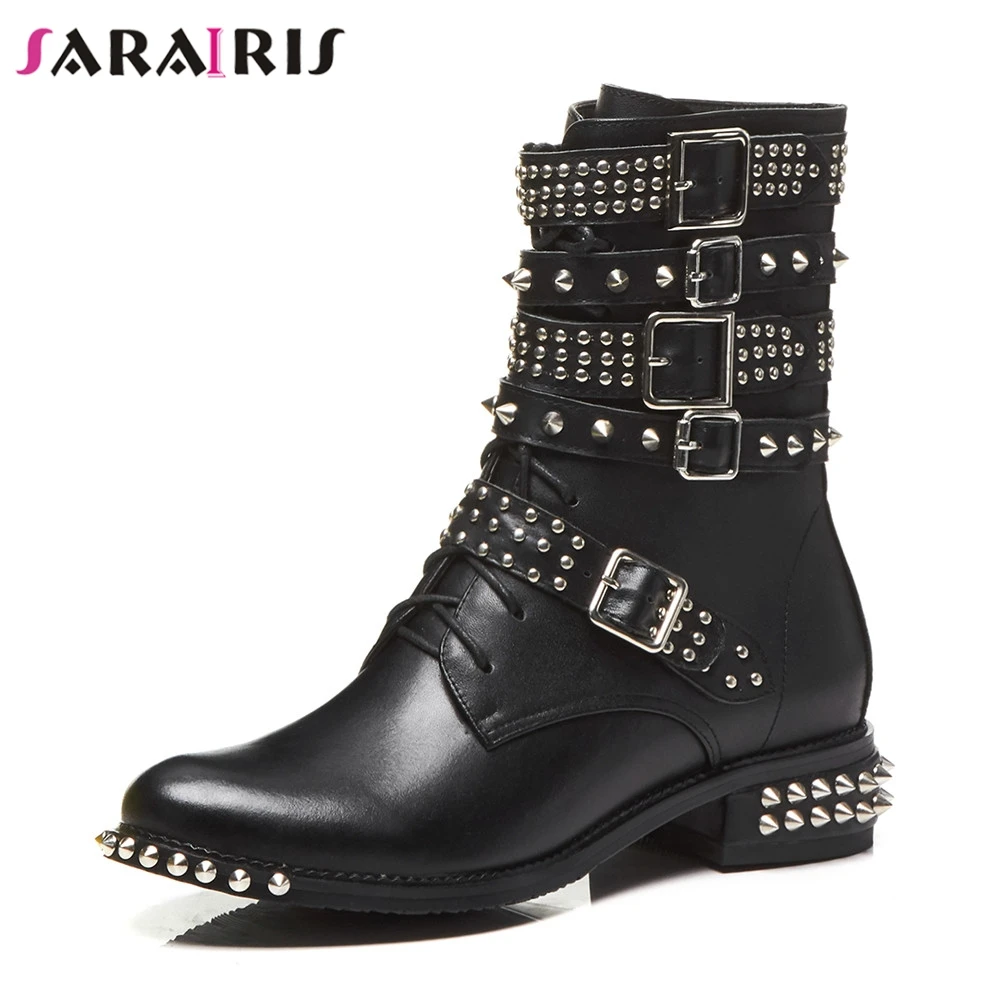 

SARAIRIS New Fashion Cow Leather Metal Decoration Belt Buckle Rivet Shoes Woman Casual Autumn Winter Mid Calf Boots Size 34-40