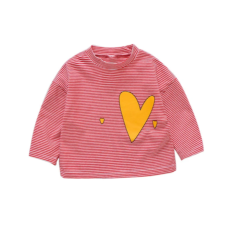 Для девочек, осенняя футболка в полоску Весна Новые Детские's кофта с длинными рукавами для малышей и детей постарше; Симпатичные тапочки с узором в виде сердечек; кофточка-рубашка