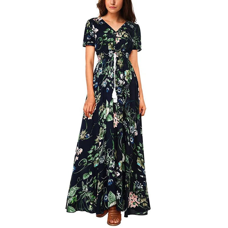 Baratos Alta calidad nuevo bohemio Retro Floral estampado vestido bohemio vacaciones Sexy V cuello suelto vestido largo verano playa Fiesta Vestidos