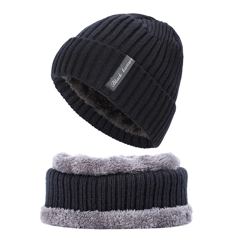 

New autumn and winter knitted men's hats outdoor warm loose comfortable caps thickening plus velvet hat bib two-piece beanies