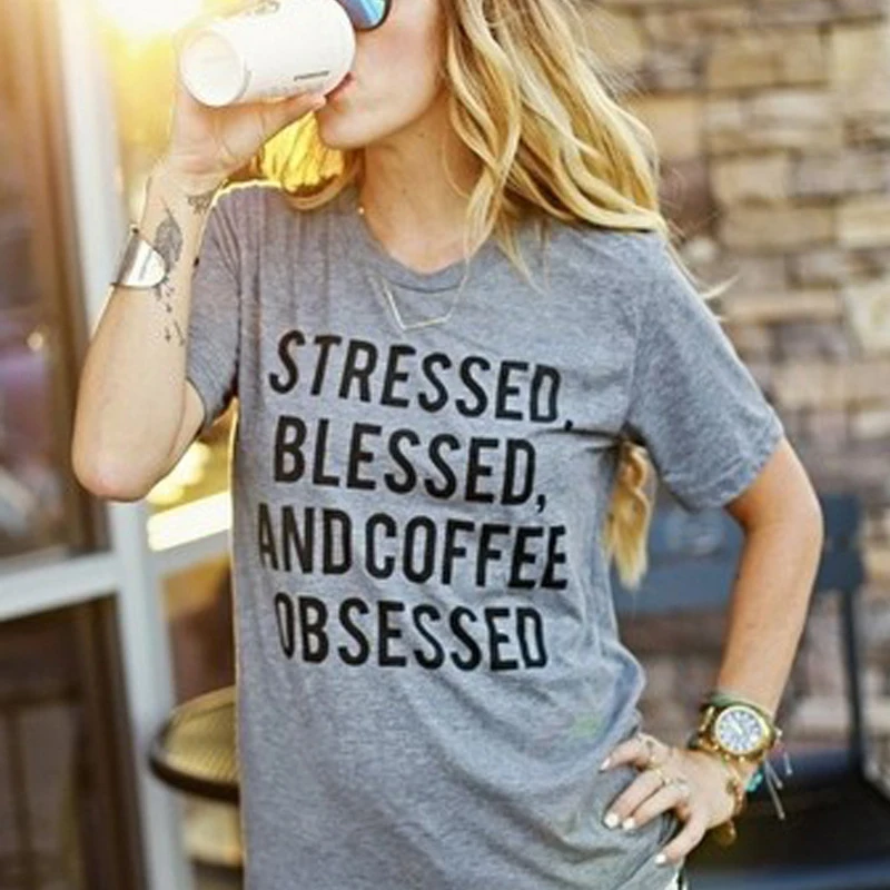 Gray T Shirt Women Stressed Blessed And Coffee Obsessed