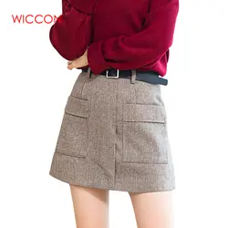 Высокая талия теплые зимние мини-юбки женские короткие юбки карманы тонкие повседневные корейские женские осенние плавки винтажные OL