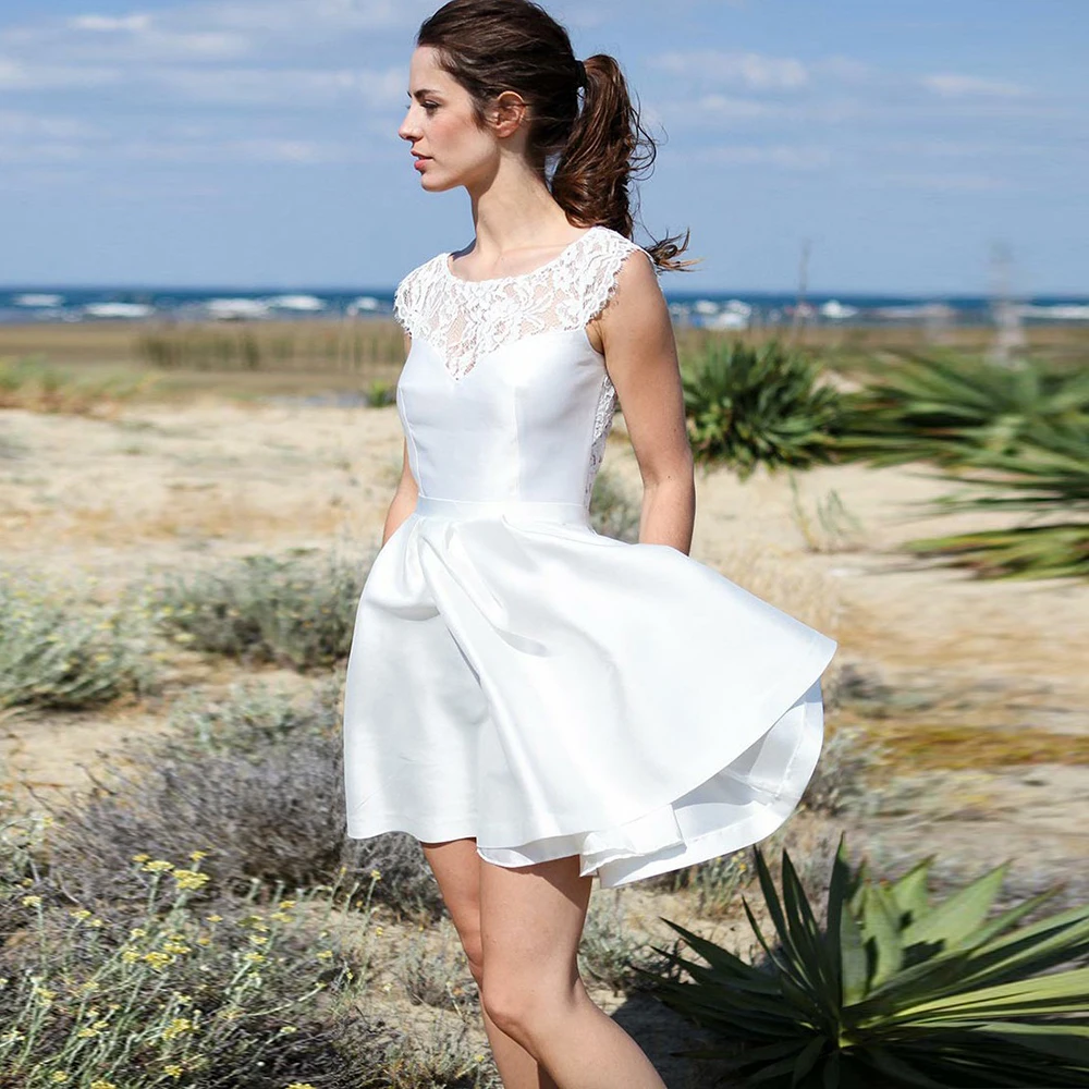

Bbonlinedress A-Line Short Wedding Dresses White Color Satin Bridal Gowns Lace Open Back Beach Wedding Gowns 2019 Bridal Dresses