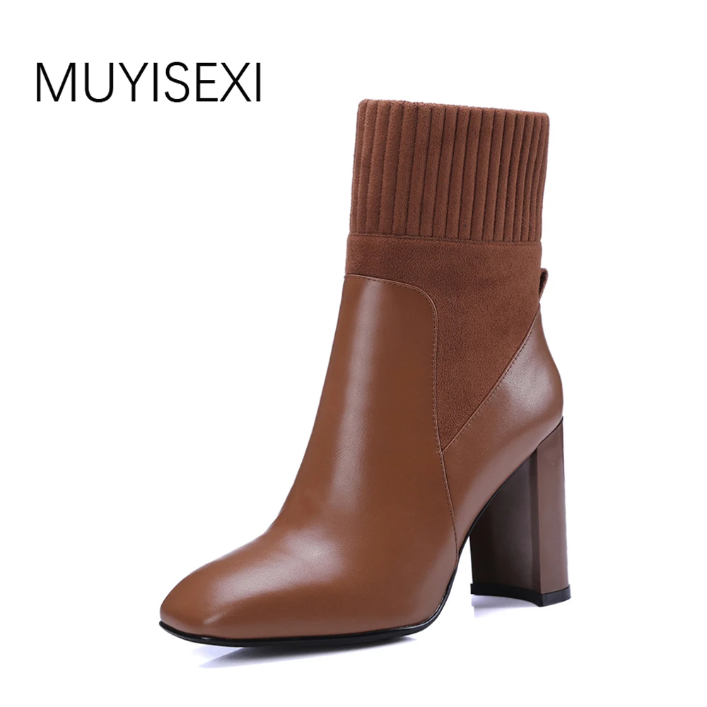 

Autumn Boots For Women Genuine Leather Shoes Quality Cow Leather 9 cm High Thick Heels Zipper Boots Ankle Boots WC01 MUYISEXI