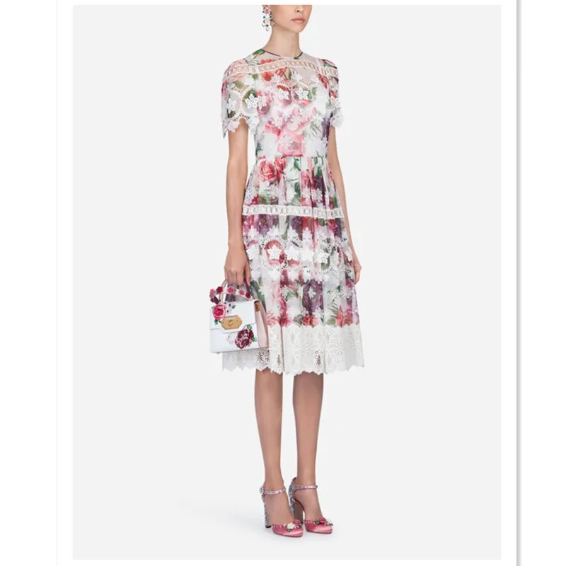 

Luxury Designer Brand Chiffon Dress for Women Vintage Rose Print Hollow Out Lace Knee Length Dress