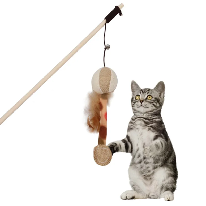 

2019 Pet Cat Interactive Catcheroy Wooden Pole With Bells Elastic Rod Funny Cat Pumpkin Shape With Feather Cat Supplies