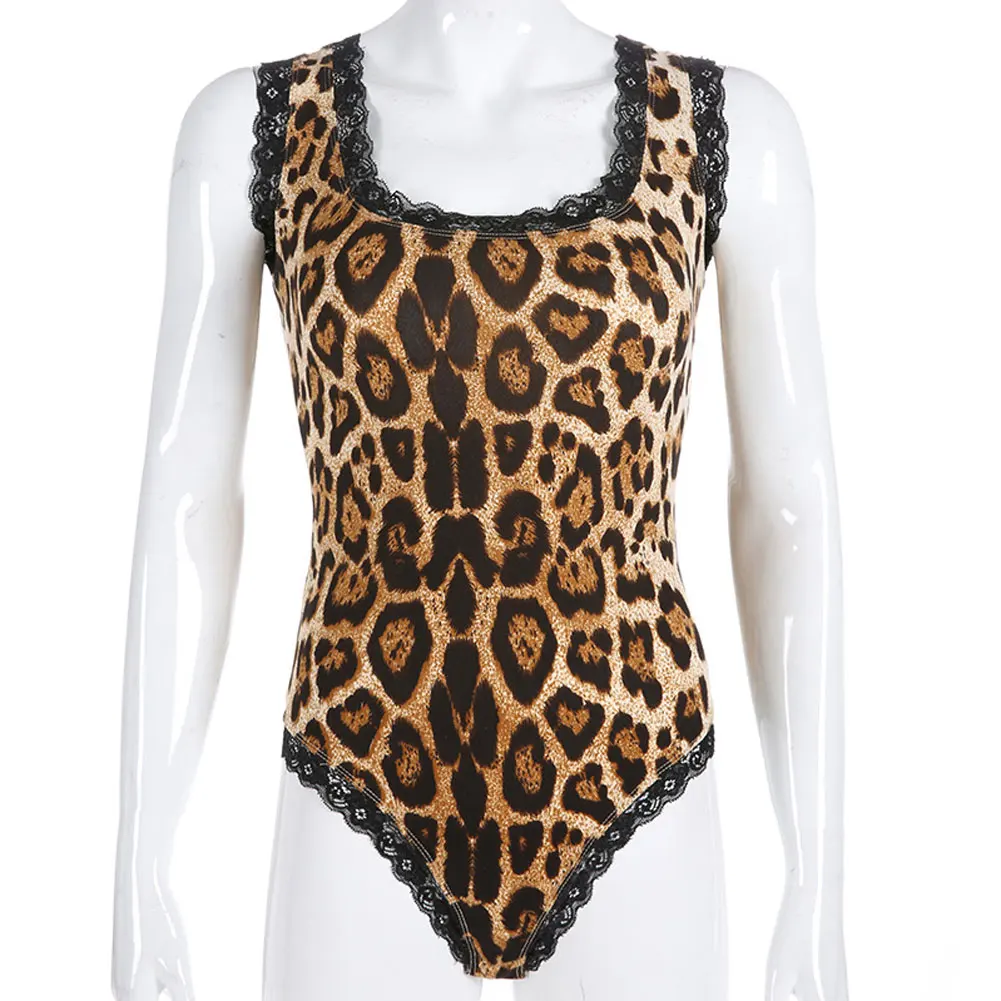 Женское сексуальное кружевное леопардовое облегающее Боди без рукавов с завязками на спине, Облегающий комбинезон, женские комбинезоны