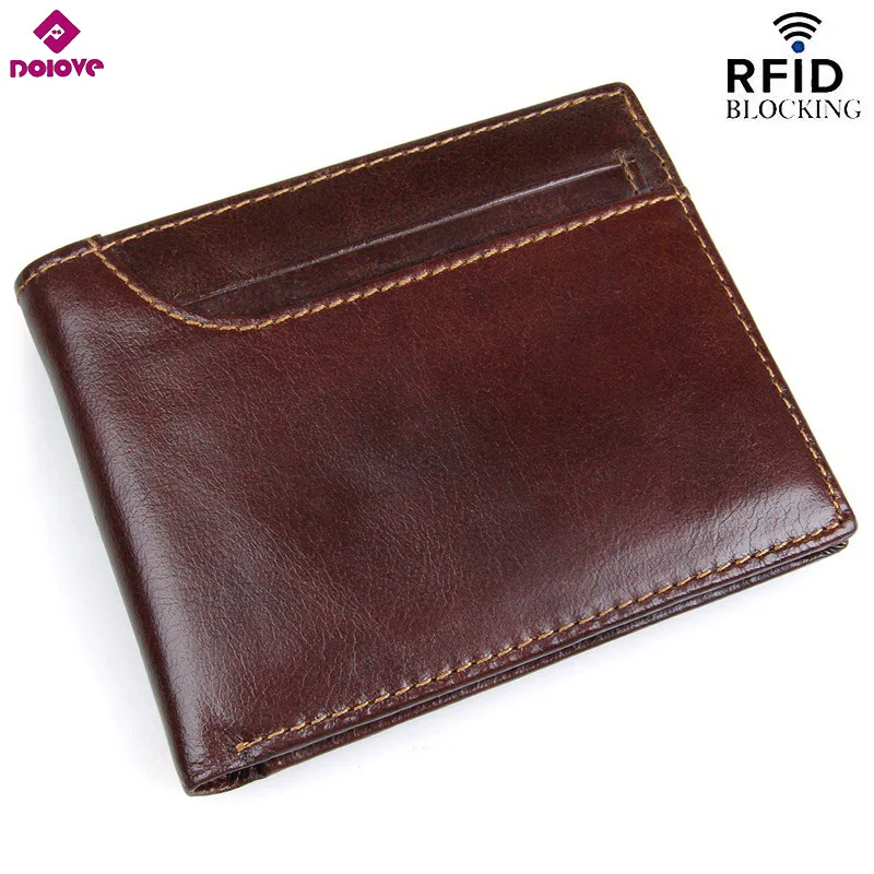 

DOLOVE New Style RFID BLOCKING Men Wallet Vintage Genuine Cow Leather Bifold Purse Card Holder RFID Protection Wallets for Men