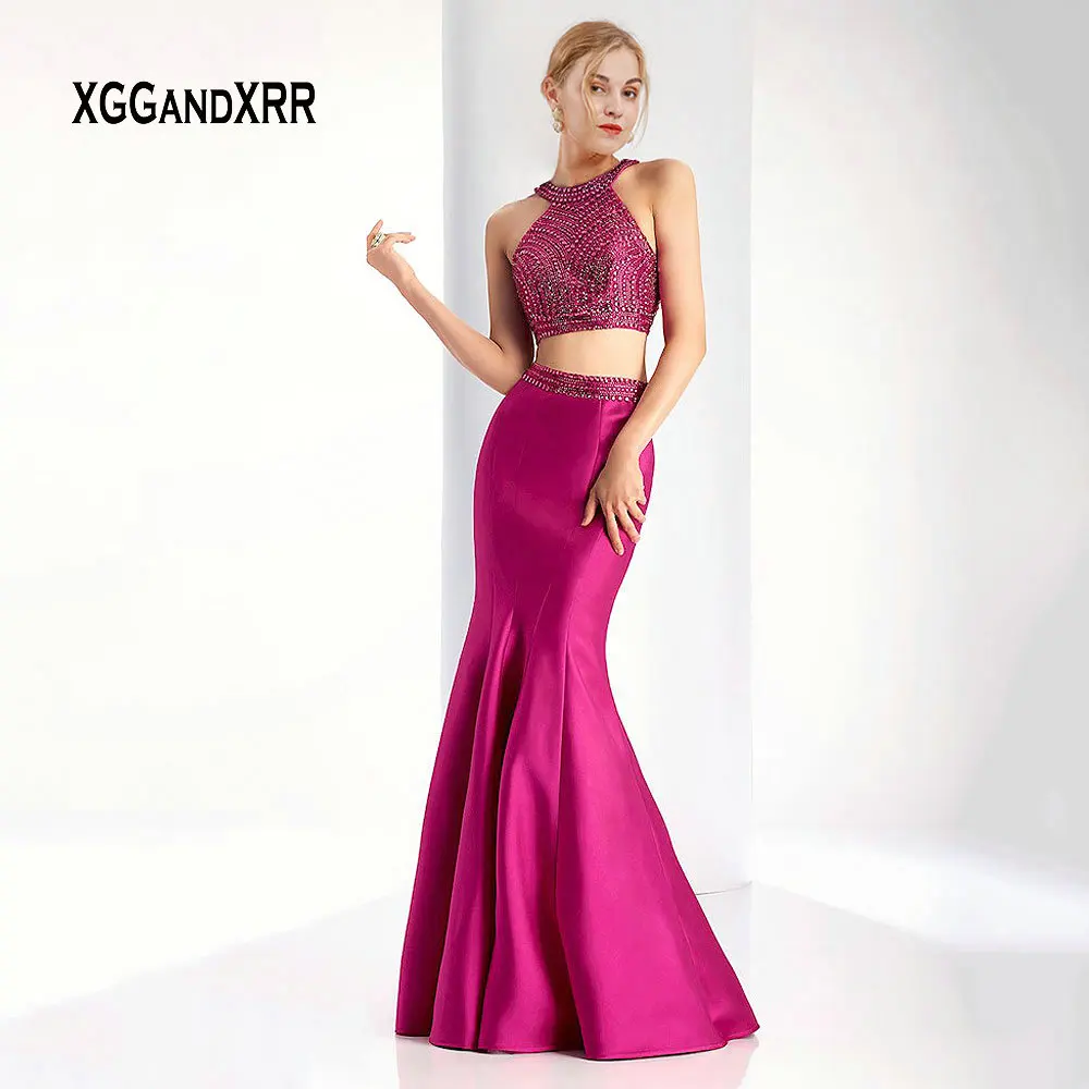 

Elegant Two Pieces Fuchsia Long Mermaid Prom Dress 2019 Sexy Beading Crystals Silver Satin Evening Party Gown Gala Dress
