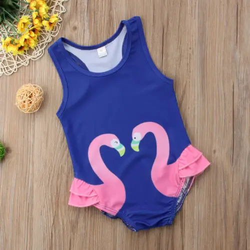 New Toddler Blue Swimwear Kids Baby Girls Swim Swan Print One-Piece Swimsuit Children Summer Bathing Suit Beachwear Costume 1-6T