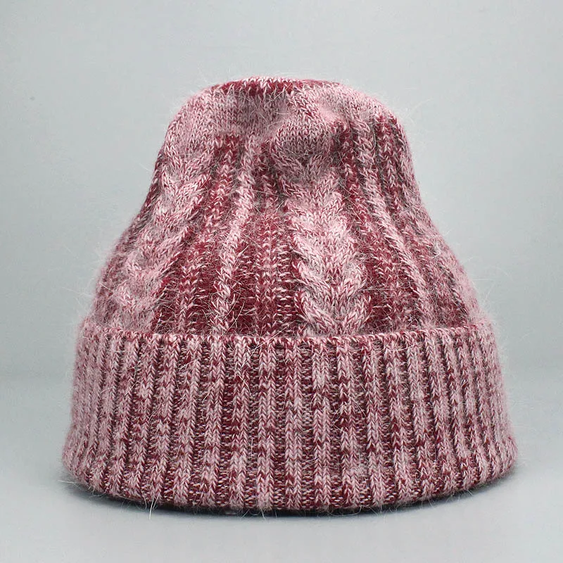 Женская зимняя шапка из кроличьего меха, натуральный мех, помпон, вязаная шапочка с помпоном, настоящий помпон Лисий мех, вязаная, теплая, мягкая, пушистая, скрученная, с узором - Цвет: M