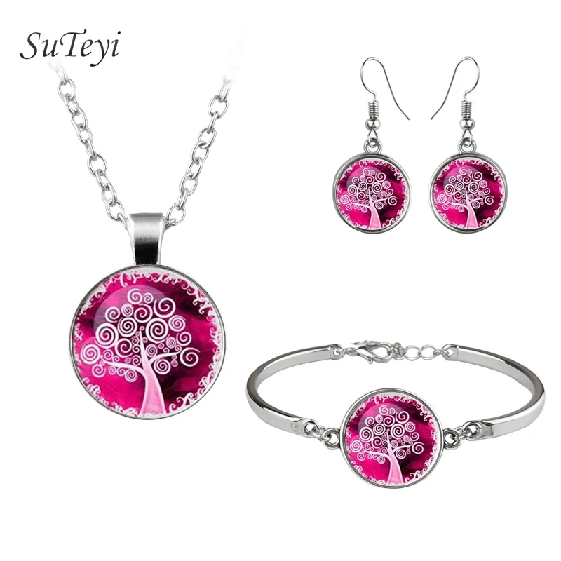 

SUTEYI Charms Silver Color Jewelry Sets Round Pendant Necklace Tree Of Life Picture Bracelet Glass Cabochon Earrings Women Gift