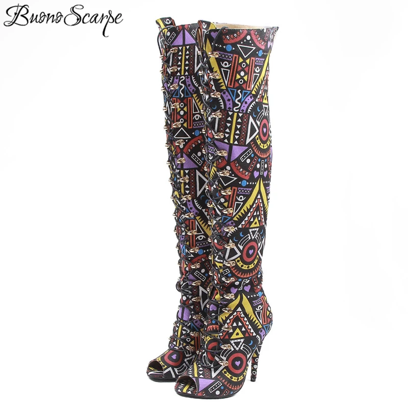 

Buono Scarpe Cross Tied Geometric Color Long Boots Peep Toe Over The Knee High Heel Boots Sexy Meatal Buckle Bohemian Chic Boots