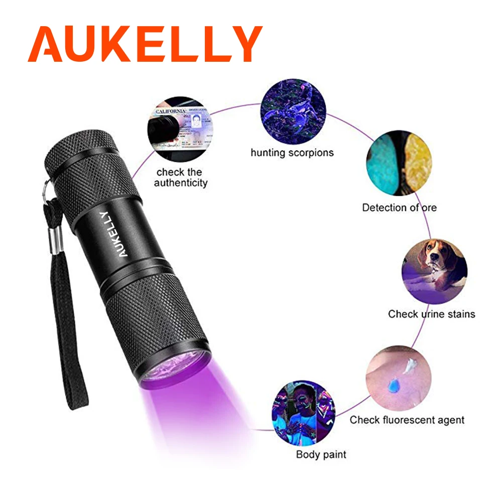 

Aukelly Mini 9 LED UV Flashlight Ultraviolet Purple Ultra Violet Blacklight Invisible Ink Marker Detection Torch Light Lamp 3AAA
