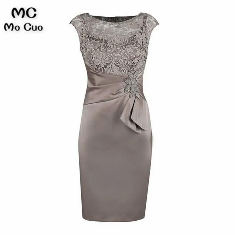 Sheath Grey Bateau Cap Sleeves Mother of The Bride Dress with Lace Appliques