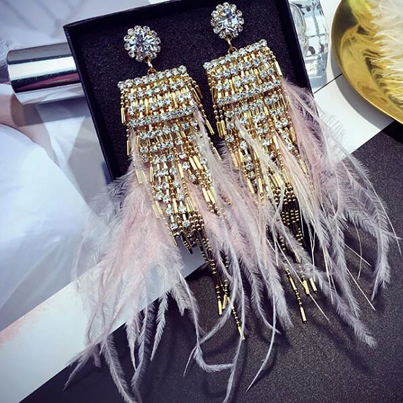 925 Silver Needle Feather Long Tassel Earrings For Women Fashion Boho Rhinestone Drop Earrings Jewelry Wholesale Female Gift 925 Silver Needle Feather Long Tassel Earrings For Women Fashion Boho Rhinestone Drop Earrings Jewelry Wholesale Female Gift