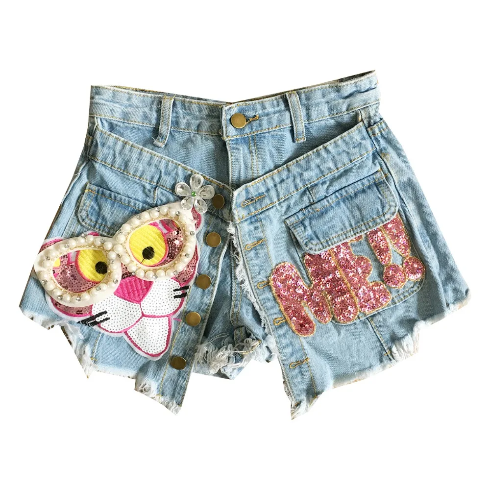 

women fringe high waisted wash blue denim shorts skirts ladies sweet beading leopard sequined pink letter button jeans shorts