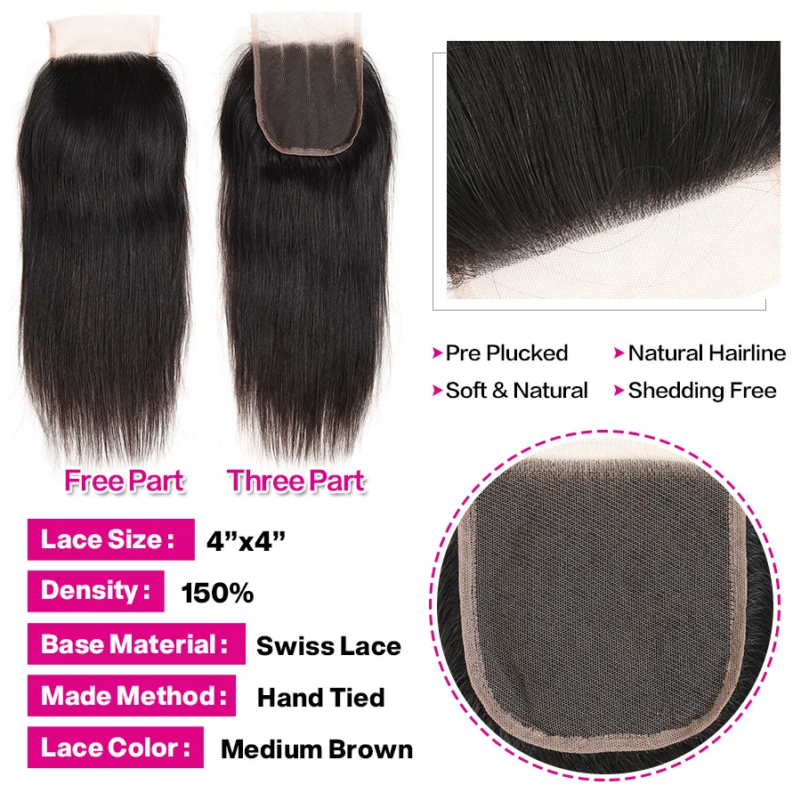 Straight Brazilian Hair Weave With Closure Three Part