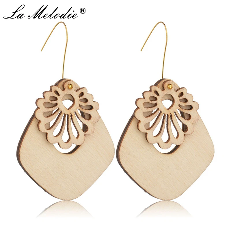 

New DIY Hand-made Simple Geometric Rhombus Nature Wood Dangle Earring For Women Hollowed Flowers Drop Earring For Female Jewelry