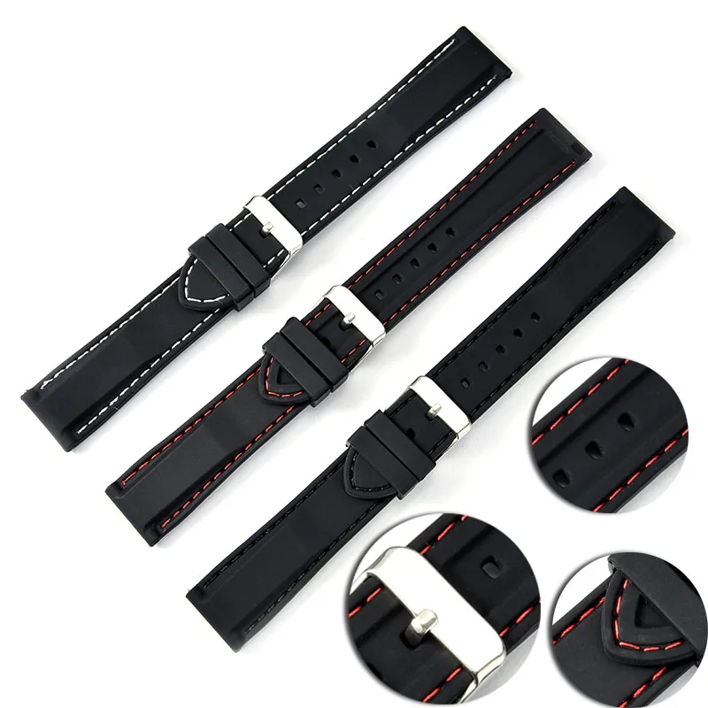 NEW Silicone Rubber Watchbands Strap Stainless Steel Buckle Black Red Stitched Waterproof Diving Watch Band Straps