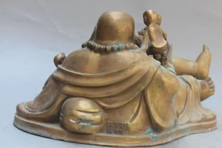 

S0879 16" Marked China Bronze Five Kids kId Happy Laugh Buddha Hold Beads peach Statue