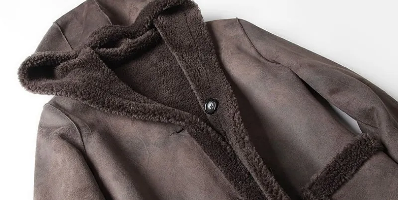 Зимняя мужская куртка с капюшоном из овчины, шерстяная подкладка, теплое пальто средней длины с натуральным мехом, приталенная Мужская замшевая куртка M-5XL