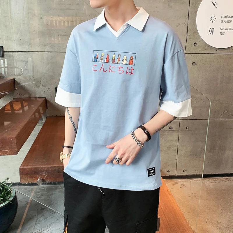 

Hit Color Patchwork Male Half Sleeve T-Shirt Trendy Printing Men's T-Shirts Turn-Down Collar Mens Tee Shirt