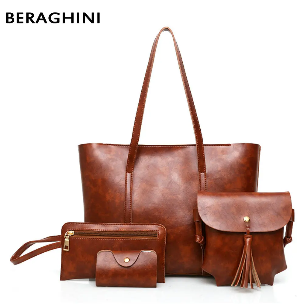 

BERAGHINI Buy One Get Three Free Fashion Women Handbag PU Oil Wax Leather Ladies Tote Shoulder Bags Crossbody Messenger Bags