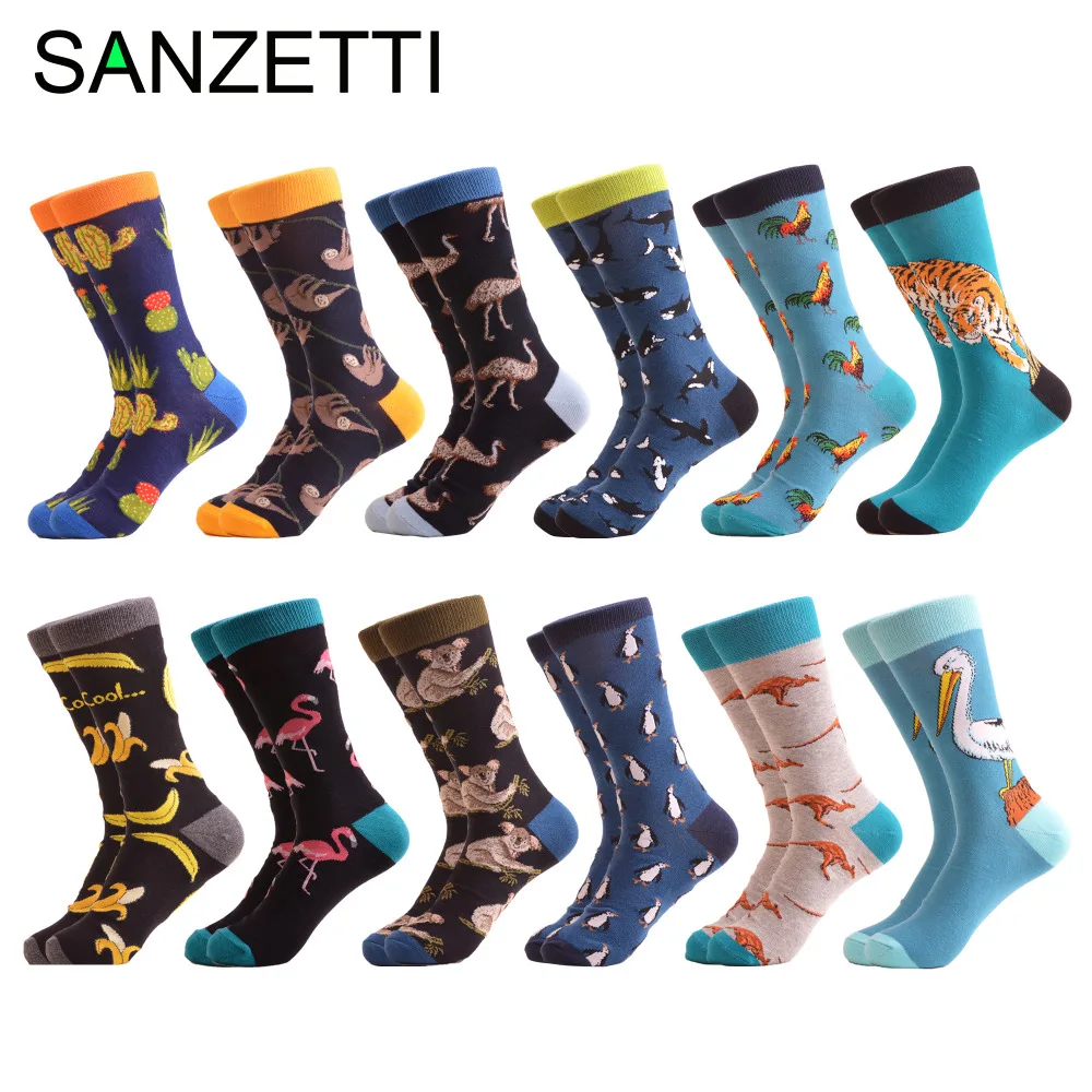 SANZETTI, 12 пар/лот,, забавные мужские цветные носки из чесаного хлопка, рисунок страуса, акулы, новинка, повседневные носки, свадебные носки