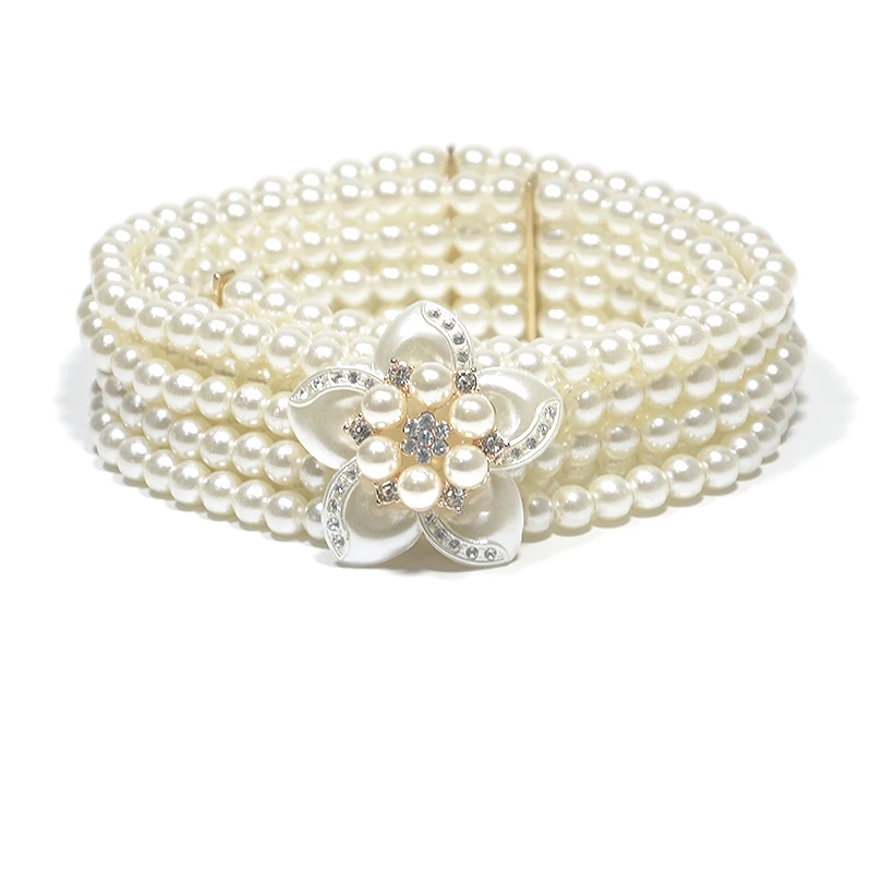 

Women's wedding Belt Classic Elegant Elastic Artificial Pearls Waist Band with Rhinestones flower White Waist Chain Belt Bg-791