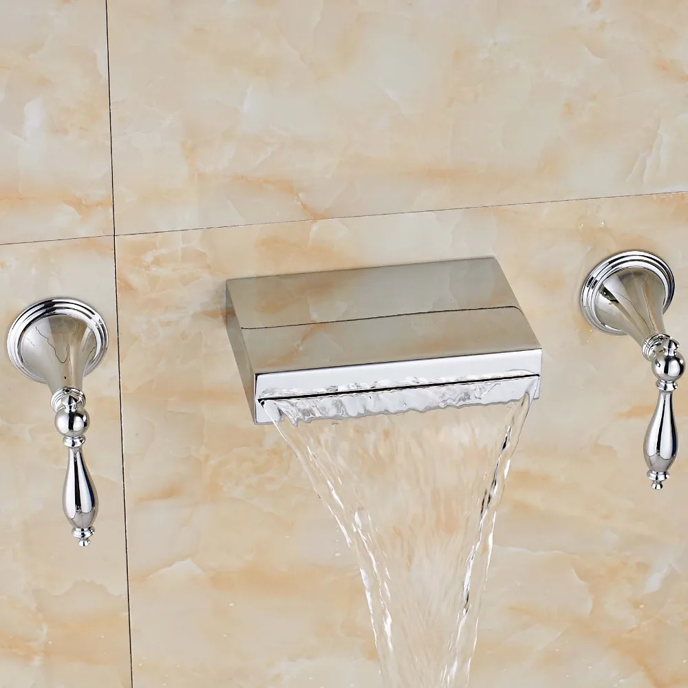 

Newly Fashion Wall Mounted Chrome Polish Bathroom Tub Faucet Dual Handles Three Holes Mixer Tap Ceramic Valve Faucet
