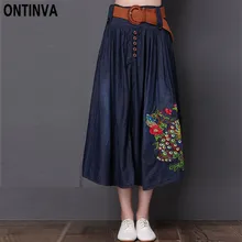Вышивка плиссированные джинсовые юбки с ремнем размера плюс XL 5XL джинсовая юбка Faldas Mujer Moda Женская Повседневная винтажная Jupe одежда