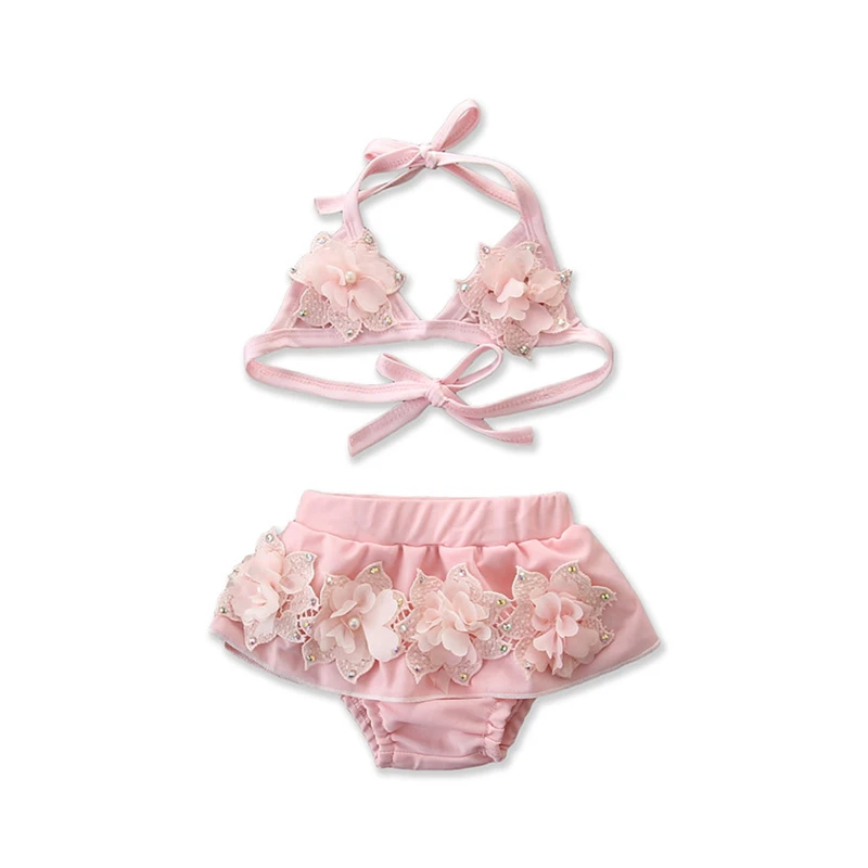 Летний купальник-танкини с цветочным принтом для маленьких девочек, купальный костюм, бикини, пляжная одежда - Цвет: Розовый
