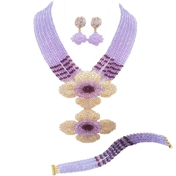 

Fashion Lilac Dark Purple Nigerian Wedding Necklace African Beads Jewelry Set Crystal Bridal Jewelry Sets 6DHJZ21